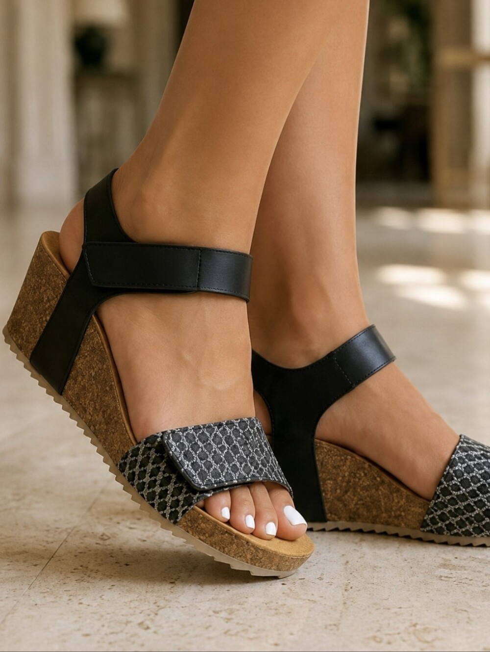 Eric Michael Gypsy Sandals Cork Wedge Heel Adjustable Straps Black/Silver Sz 8.5